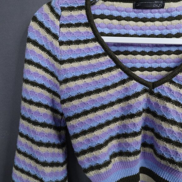 Womens Sweater Large Purple Green Cropped Y2K Bubble Sleeve Retro Preppy Indie - Picture 2 of 10